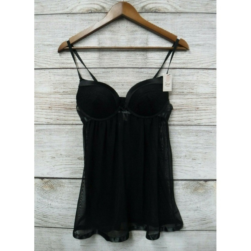 Spree Intimates Babydoll Womens Size Medium Black Pushup Sheer w/ Thong New